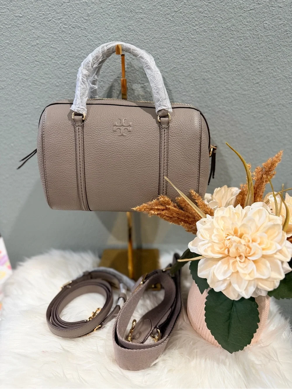 Tory Burch Thea Pebbled Leather Satchel with double starp